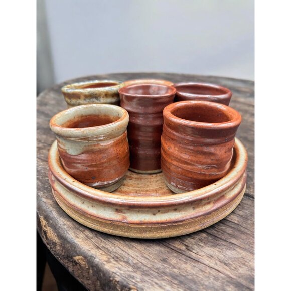 Vintage Studio Art Pottery Sake / teacup stoneware 6 cups + tray Hand Thrown - Picture 1 of 11